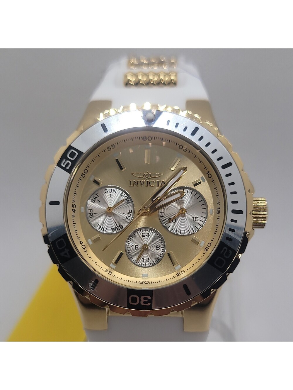 201 invicta Aviator chronograph gold dial white silicone strap sport womans watc